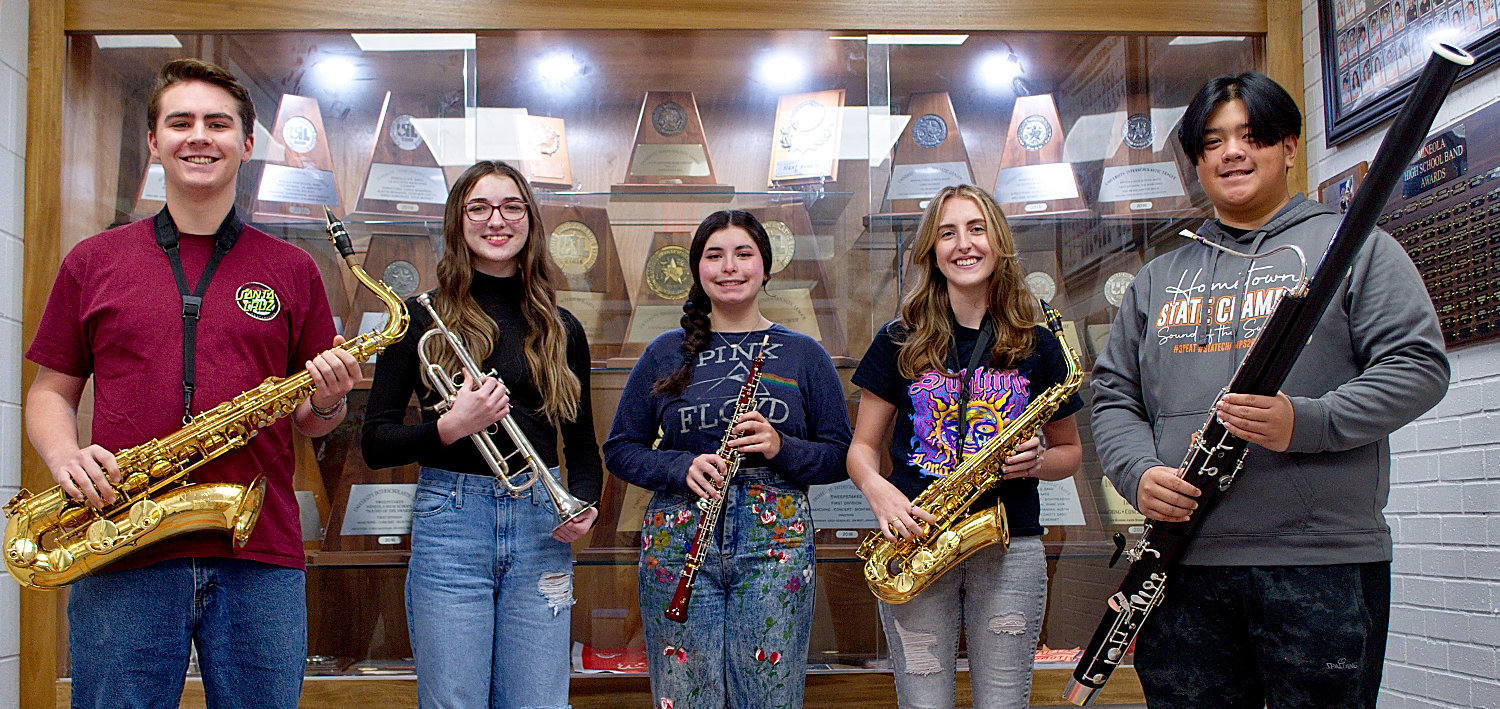 Mineola High School students who earned places in the all state band include, from left, Riley Woodward, Ali Jordan, Ali Gonzales, Maddie Tucker and Anthony Le-Phan. Not pictured is Emily Miller.